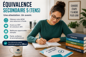 Femme adulte étudiant pour réussir les examens TENS afin d’obtenir une équivalence secondaire 5 (AENS) au Québec.
