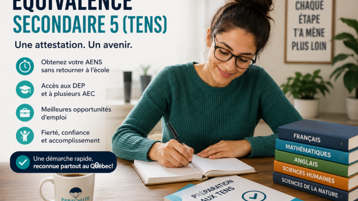 Femme adulte étudiant pour réussir les examens TENS afin d’obtenir une équivalence secondaire 5 (AENS) au Québec.
